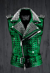 Iron Bloom Women’s Green Leather Vest Studded Collar, Spiked Shoulders & Gothic Punk Steampunk Style